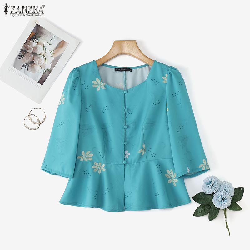 ZANZEA Women Casual Round Neck 3/4 Sleeve Elegant Floral Blouse