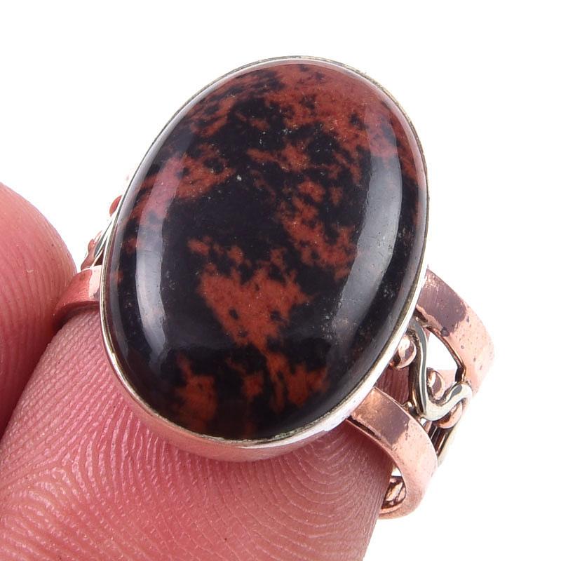 

Natural Mahogany Obsidian Gemstone 925 Sterling Silver Two Tone Ring S.7.5 P3f02