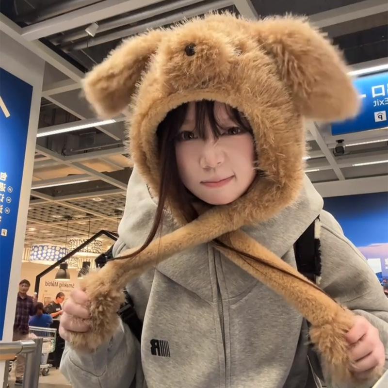 Pelziger Welpenohren Hut mit beweglichen Ohren für Damen Winter Verdickt Winddicht und Warm Lei Feng Hut Ohrenschutz Stil