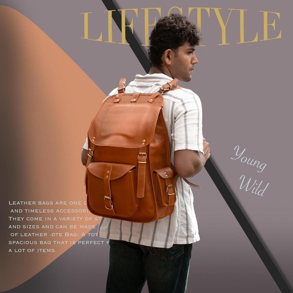 Vintage Full Grain 21 Inch Leather Laptop Large Backpack Casual Bookbag Daypack Camping Travel Rucksack Knapsack