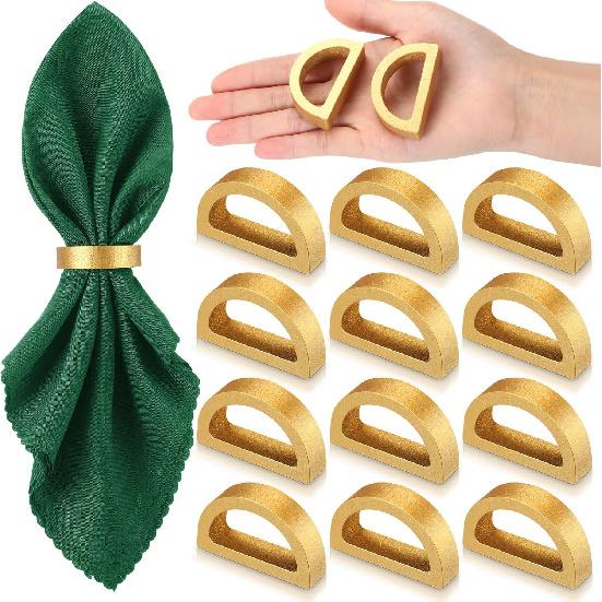 LemonRoad 12 Pcs Gold Napkin Rings Set Wooden Napkin Holders Handmade Dining Buckles Farmhouse Semicircle Serviette Ring Bulk for Table Decoration