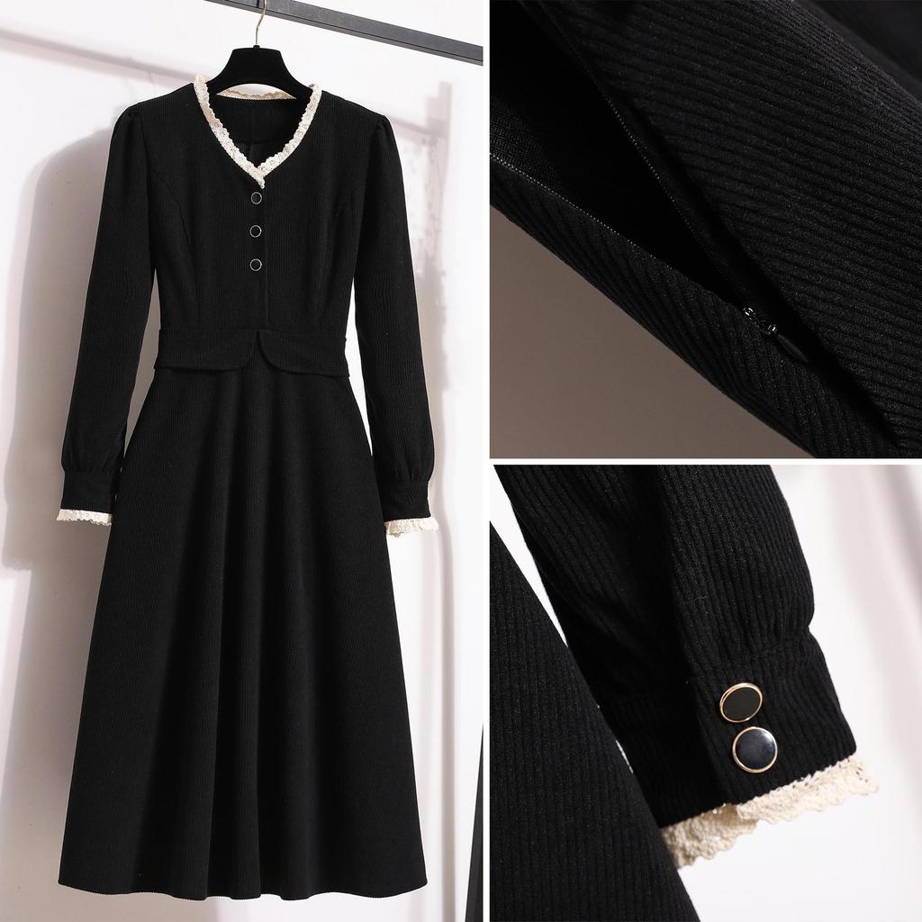 Dámské šaty velkých velikostí pro tlusté postavy, podzimní a zimní novinka ve stylu Hepburn, vnitřní a vnější vrstva pro zeštíhlení postavy, midi délka, falešné dvoudílné šaty