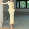 European & American Lapel Long Sleeve Knit Dress - 2025 Single-breasted Waist-cinching Autumn Dress for Women