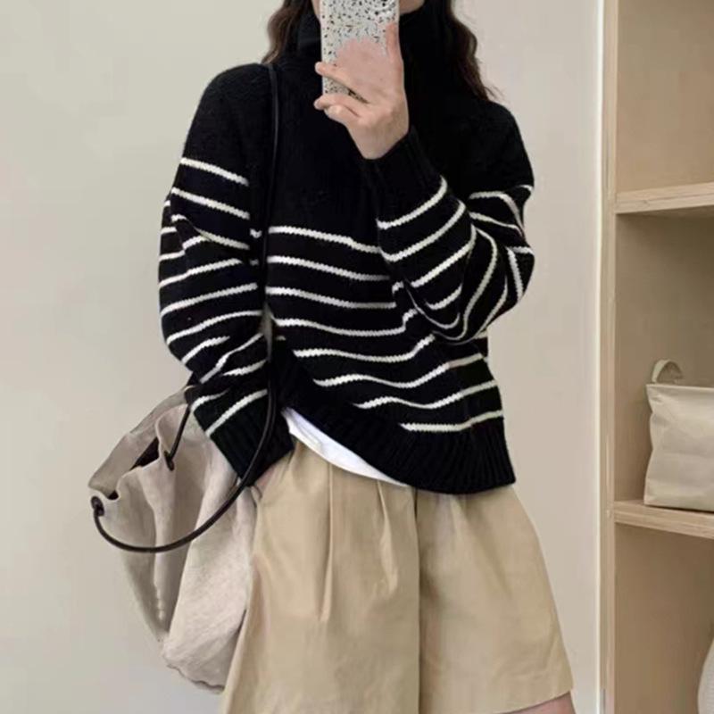 Half Zipper Striped Pullover Sweater Women's Loose Short Lazy Style Versatile Knitted Sweater Autumn and Winter New