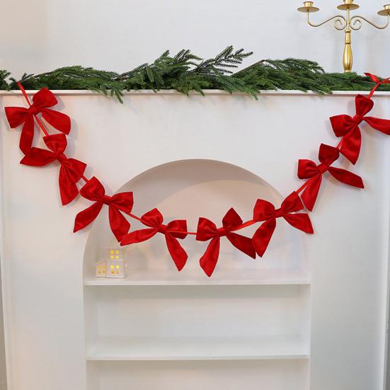 Christmas Velvet Bow Garland Decoration Pre-Strung Red White Ball Ornament Home Office Bedroom Xmas Tree Mantel Fireplace Shelf Indoor Holiday Decor