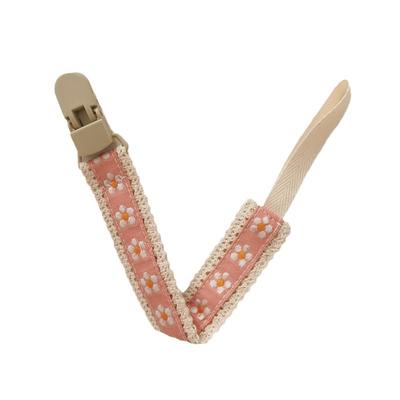 Baby-Schnullerclip mit Stickerei, florales Design, weicher Stoffriemen, verstellbare Länge, langlebiger Kunststoffclip für Säuglingszubehör