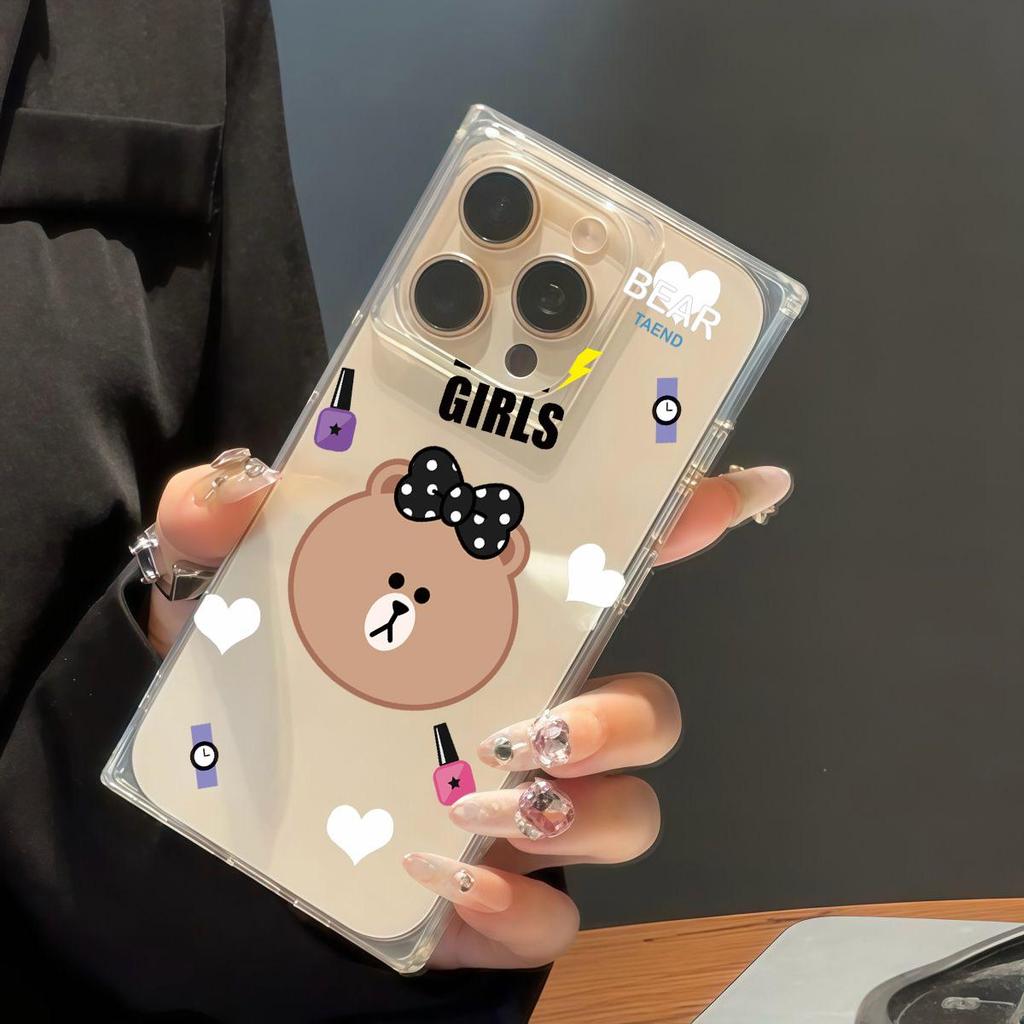 Clear Square Back Tube Case Protection For iPhone 12 11 15 Plus 13 14 Pro Max 16 ProMax Anti-Oxygen,Big Head Bear Pattern Casing