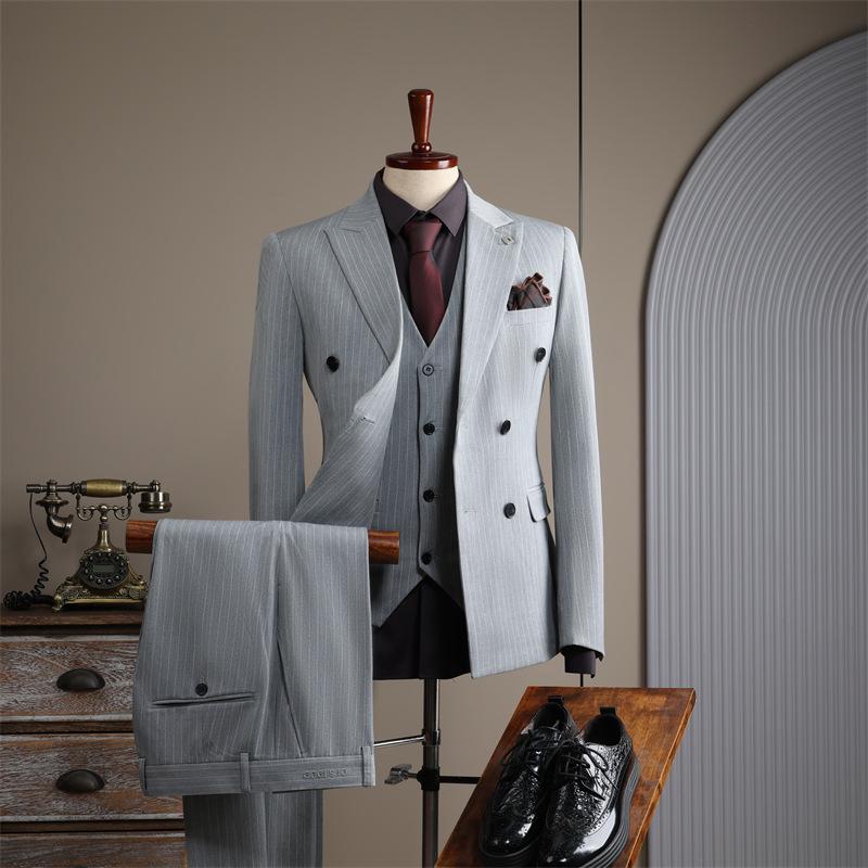 Apricot White Striped Double-Breasted Slim-Fit Suit Set for Casual, Groom, or Formal Business Attire.