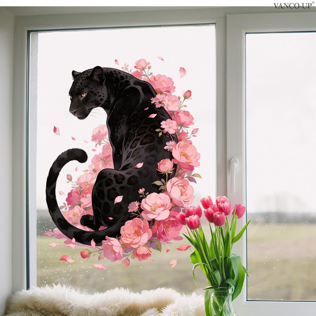 Rosa Blumige Gepard Tier Statisch Haftende Fensteraufkleber, Glasaufkleber für Schaufenster, Hausdekoration