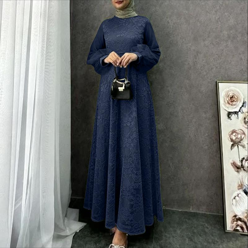 ZANZEA Women Casual Round Neck Long Sleeve Loose Patchwork Mesh Long Dress