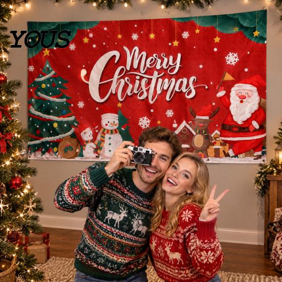 Decorative Holiday Fabric Christmas Banner, 71x43 Inches Santa Sleigh Reindeer Snowman Backdrop for Winter Wonderland Easy Install Door Banner