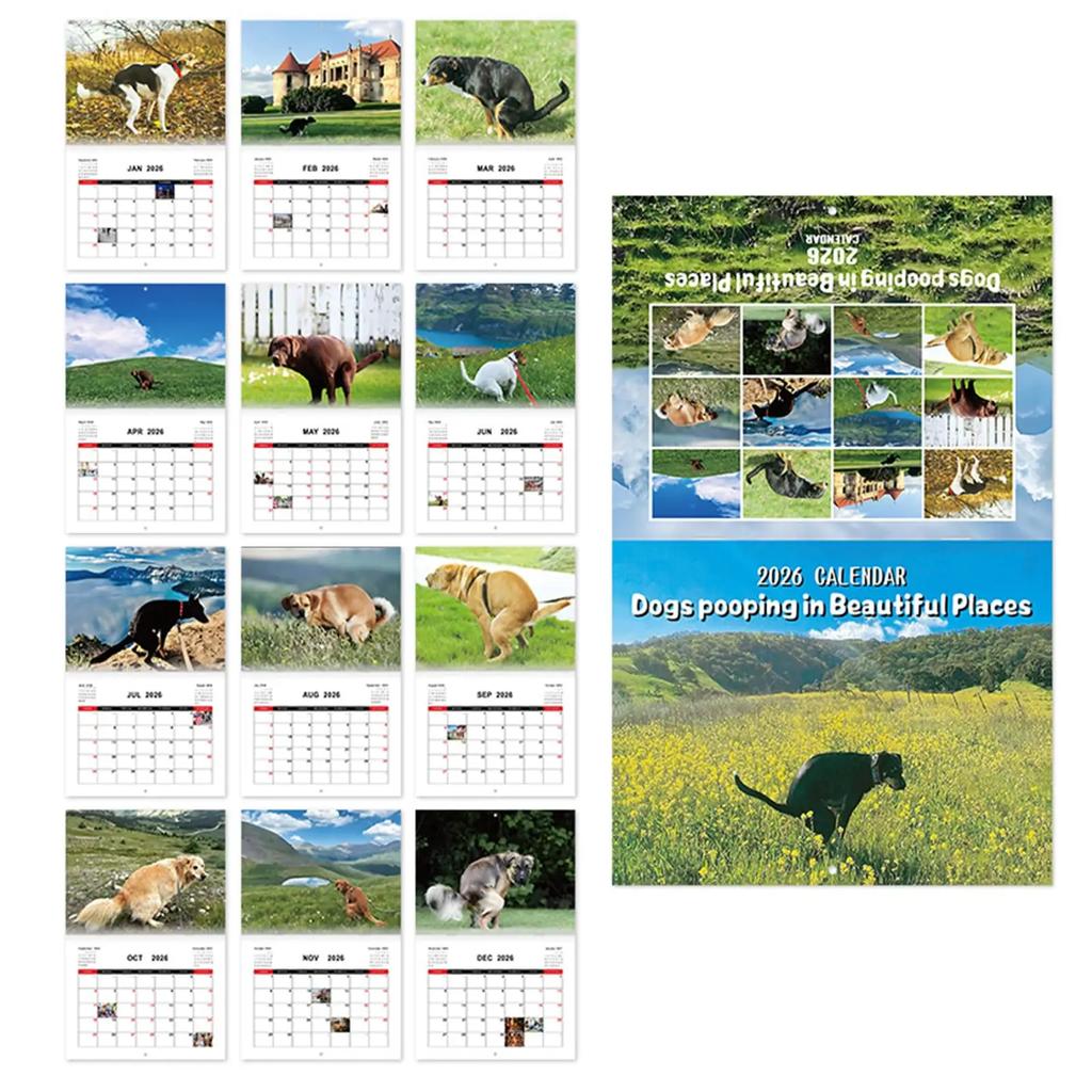 Calendar 2026 Dogs Pooping In Beautiful Places Funny Gag Gifts Thick Paper Wall Calendar Christmas Home Decor Planning Organizer