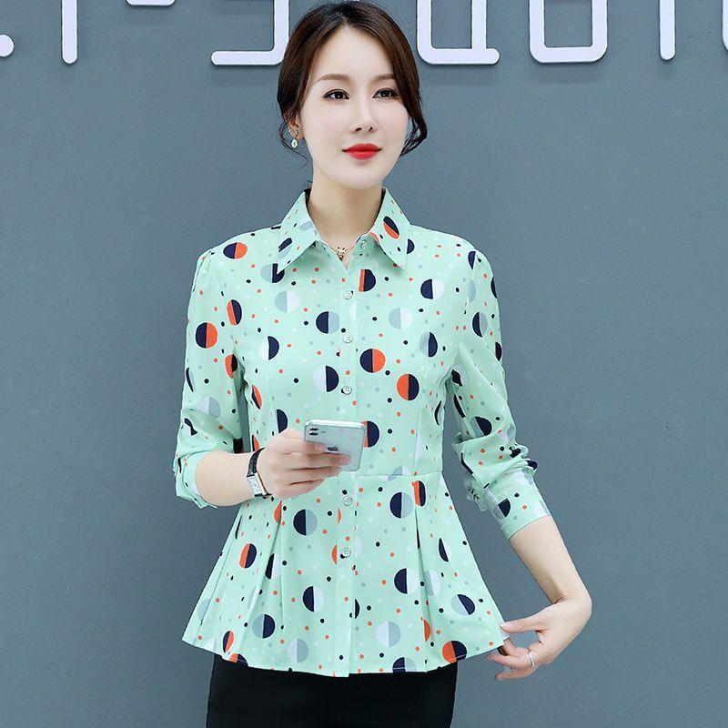 Women Clothing Polka Dot Printed Blouse Commute Long Sleeve Korean Single-breasted  Polo-Neck Fashion Shirt