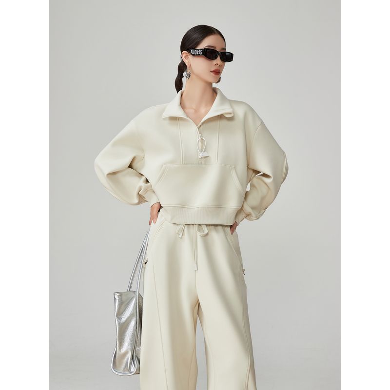 

Весенний комплект кремово-белого цвета с толстовкой на половину молнии и верхней одеждой для женщин, поступление 2025, свободные спортивные штаны, спортивный костюм Beige Tops XL