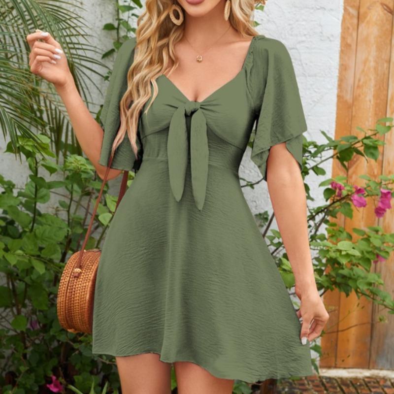 

Женское свободное платье с V-образным вырезом, завязкой-бантом, повседневное, с коротким рукавом, модное L армия зеленый