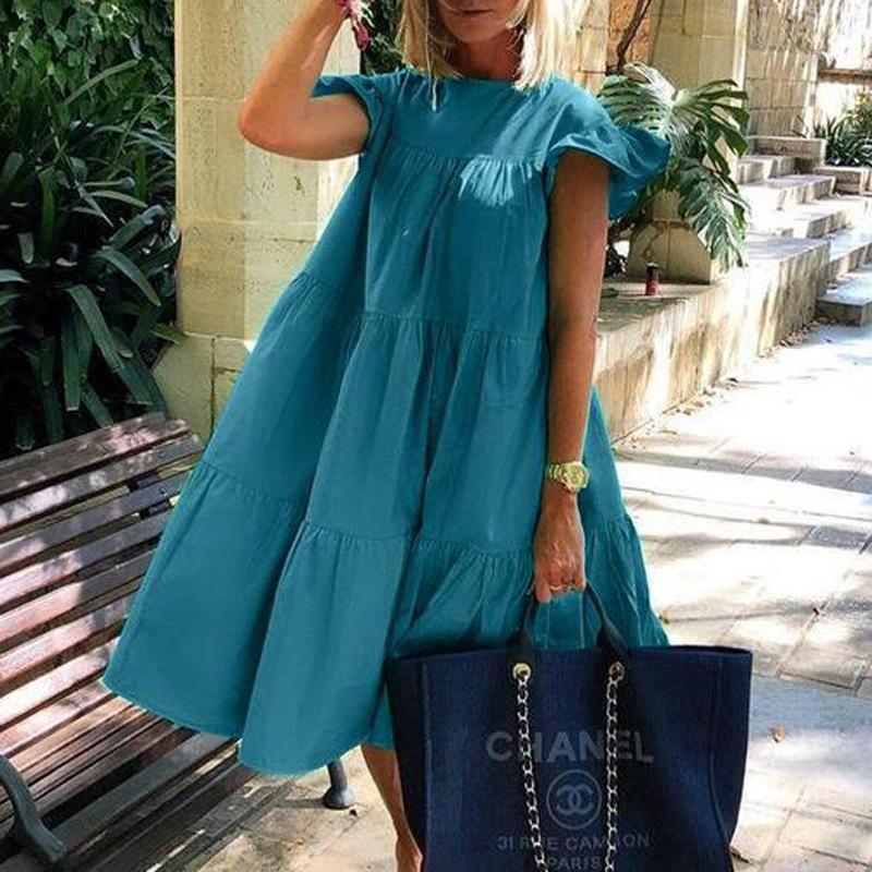 Women Dress Short Sleeve Pleated Long Dresses Fashion Bohemian Dress Solid Loose Summer Dresses