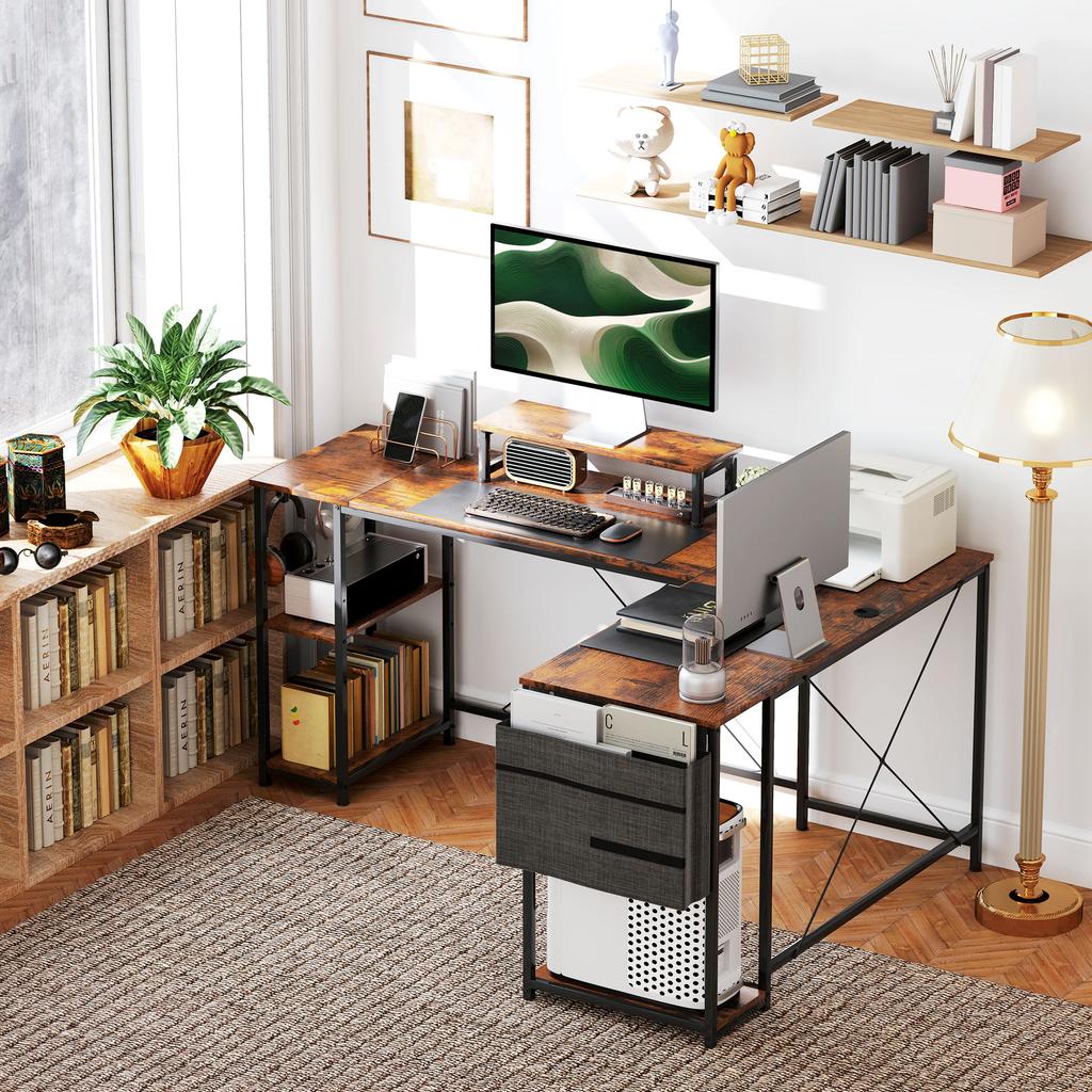 L-Shaped Desk, Versatile Office Desk with Adjustable Shelves and Storage Bag, Monitor Stand, Brown