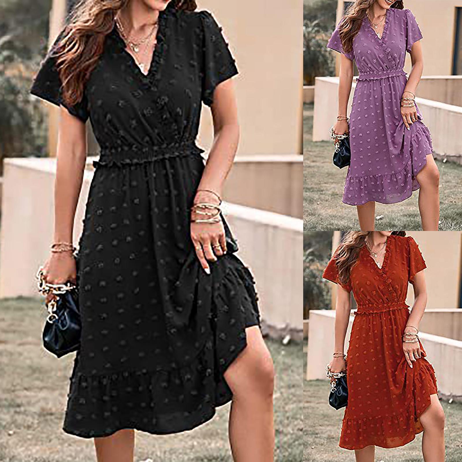 

Модное женское повседневное платье с V-образным вырезом сплошного цвета с коротким рукавом