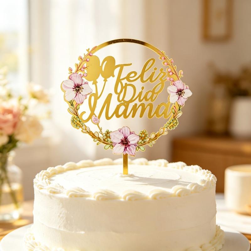 1Pcs Acrylic Feliz Dia Mama Spanish Language Cake Topper For Mothers Day Flower Party Scene Dessert Adornment