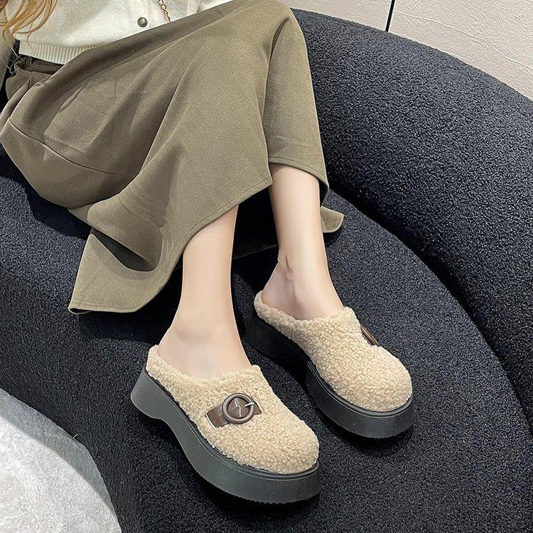 [Yushilai] Rundhuvad lammull enpedal dam 2025 vinter ny tjocksulad muffin vardaglig mångsidig bomullsmopp