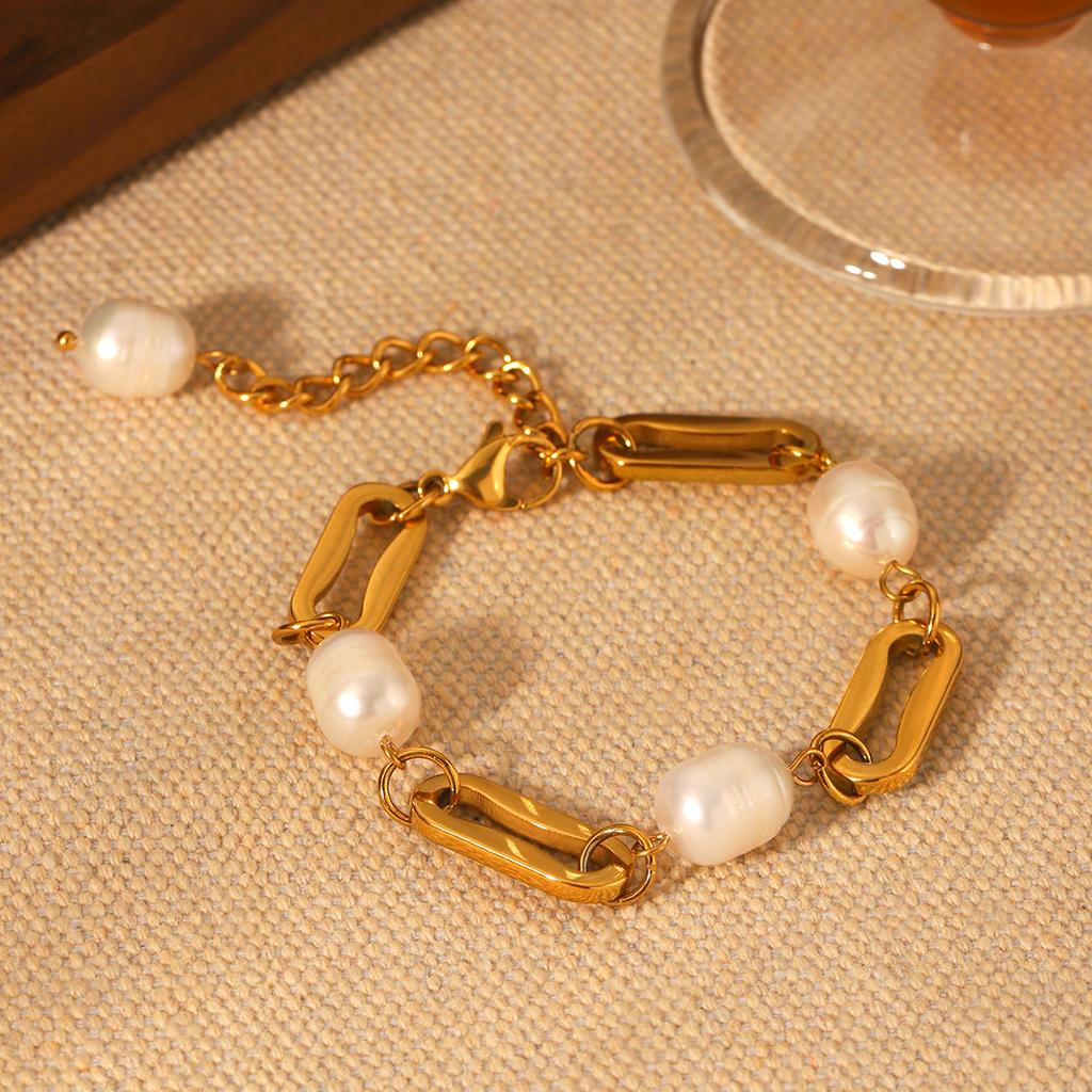 Simple Paper Clip Chain Freshwater Pearl Bracelet Fashion Gold Jewelry Long Lasting