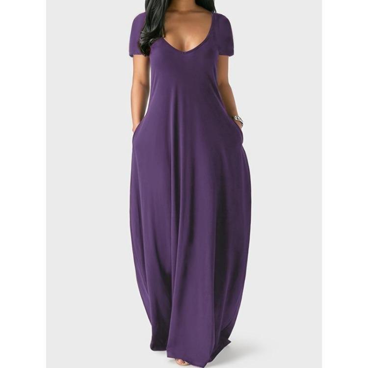 Women's Casual Maxi Dress Short Sleeve Simple Solid Dress With Pockets