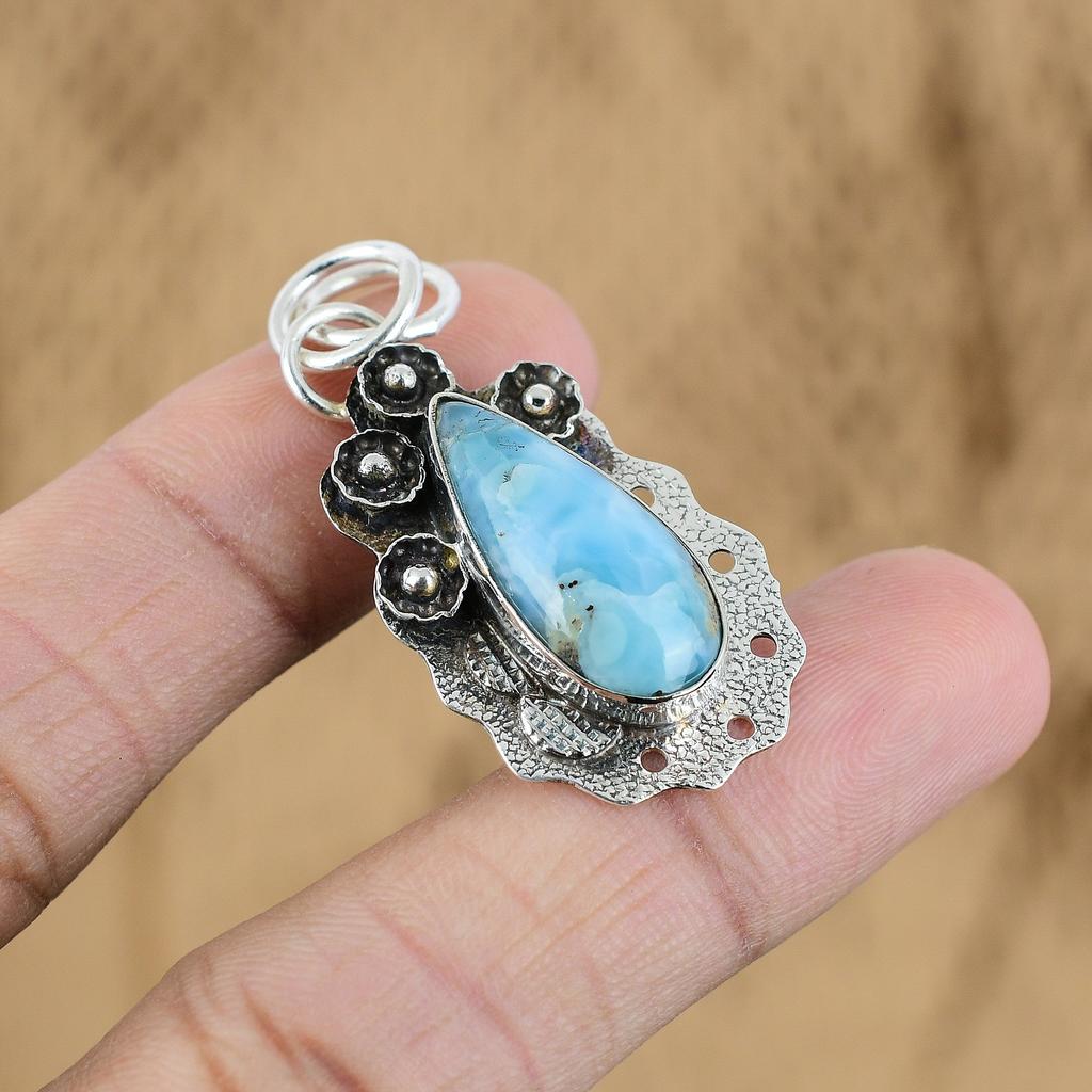 Natural Larimar Gemstone Pendant Blue 925 Sterling Silver Indian Jewelry