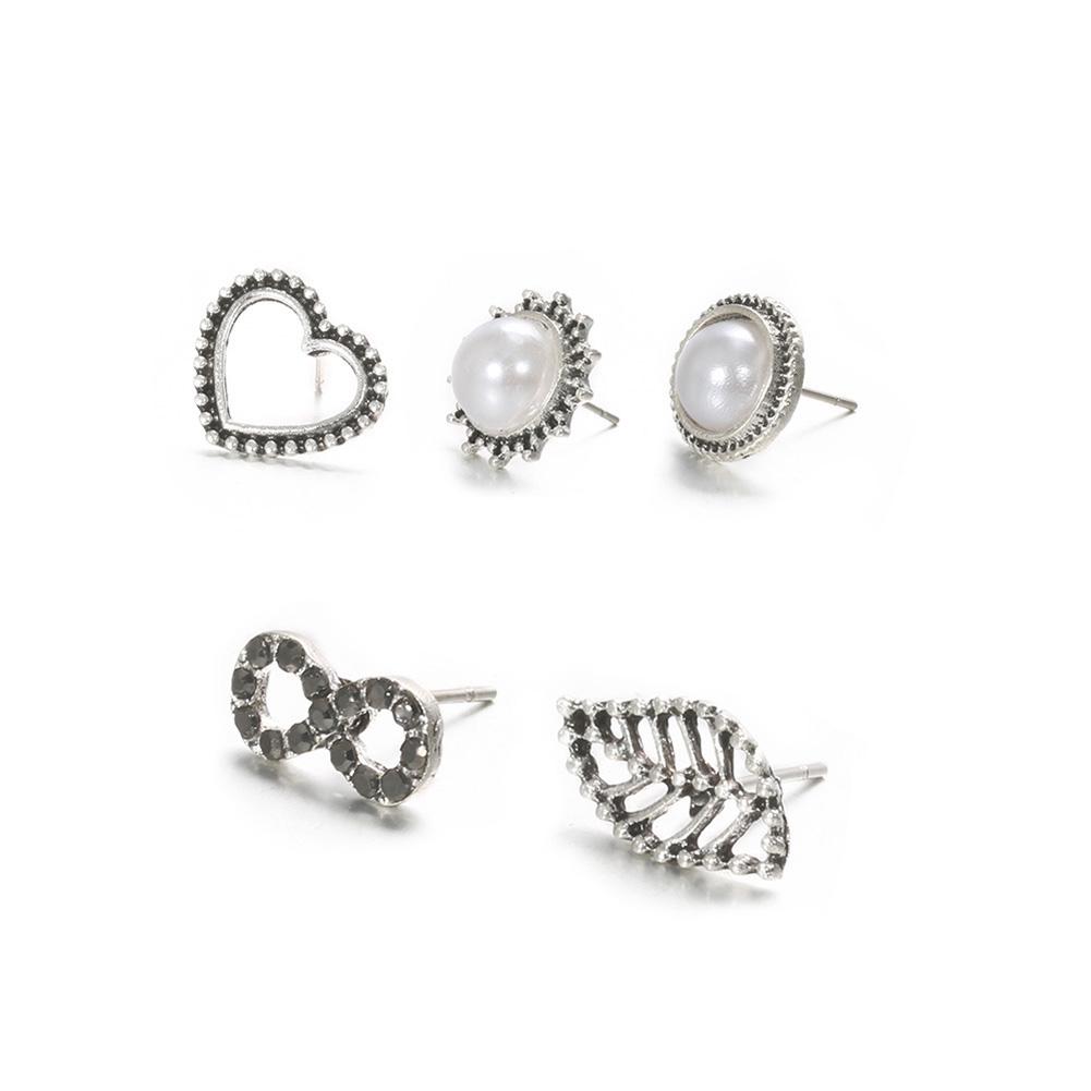 5 pairs Vintage Ear Studs Alloy Imitation Pearl Leaf Earrings Eardrop Gift for Women