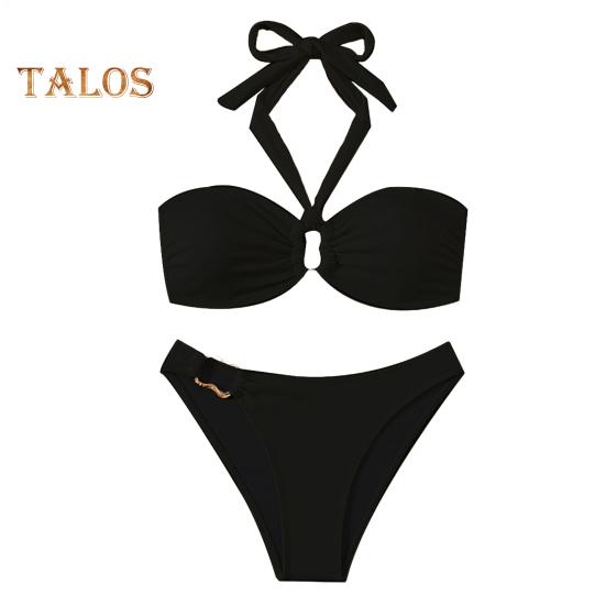 

Женский комплект бикини с металлическим кольцом и высокой талией, двухсекционный купальник, сексуальный купальник с вырезом на шее для пляжной вечеринки M чёрный