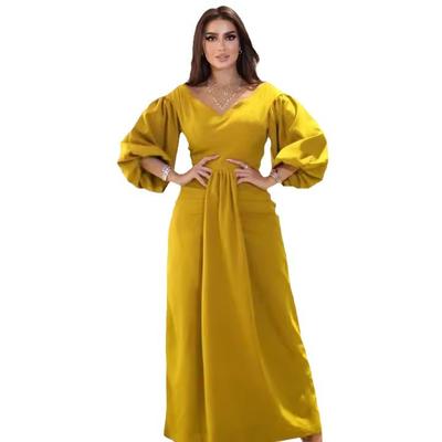 Solid Color Lantern Sleeve V-neck High Waist Long Women's Evening Dress