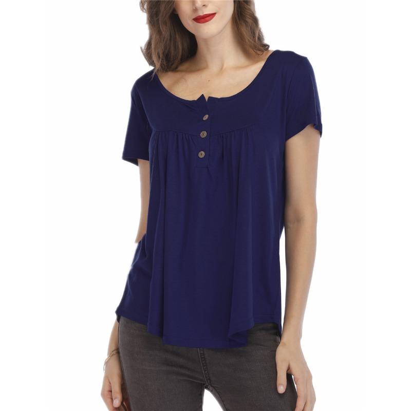 Women Multicolor V Neck Button Decor Short Sleeve Pleated Loose Tunic Blouse