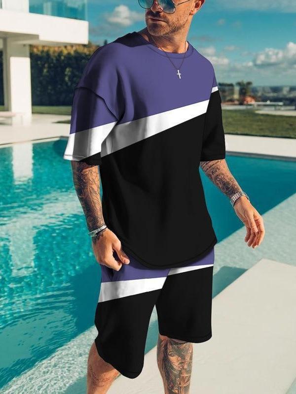 Men's 3D Printed Sports Two-Piece Set O-Neck T-Shirt Stripe Color Printing Casual Fitness Short Sleeve Tops Shorts