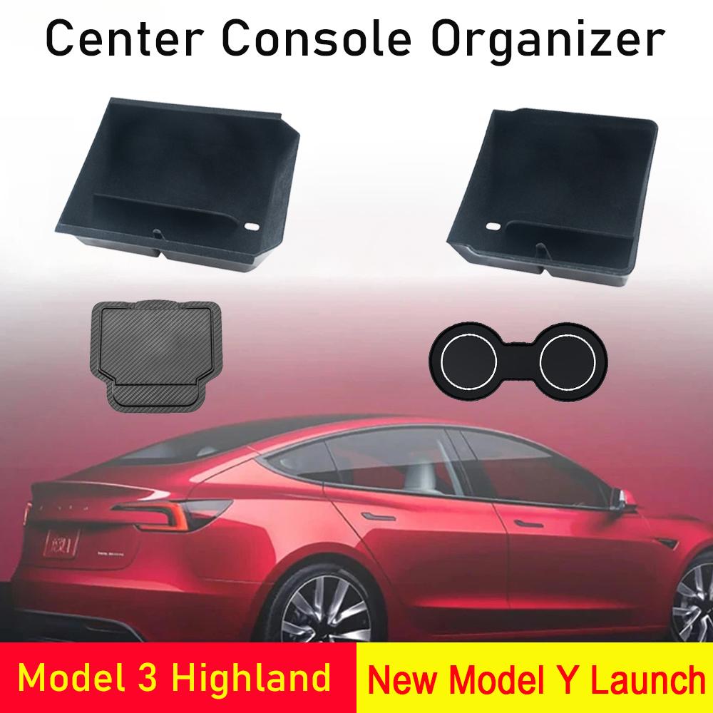 Center Console Organizer For New Tesla Model 3 Highland Model Y Launch Tray Armrest Storage Box Cup Holder Mats Trim Accessories