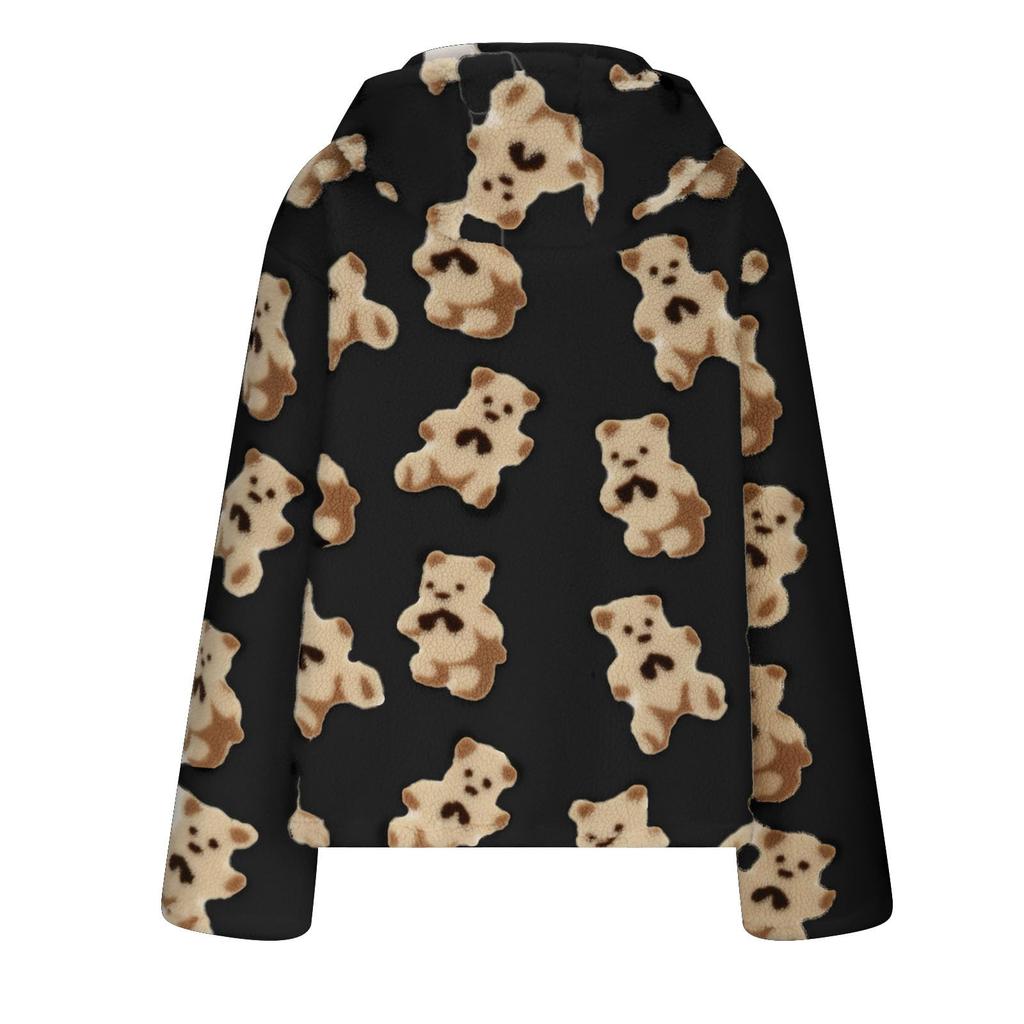 Damen Bären Half-Zip Mantel Bedruckter Doppellagiger Fleece Pullover Hoodie Lässig Locker Tasche Langarm Pullover
