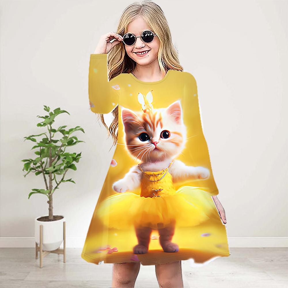 Mädchen Casual 3D Druck süße orange Katze Rundhals Langarm Kleid Kind Prinzessin Kleid