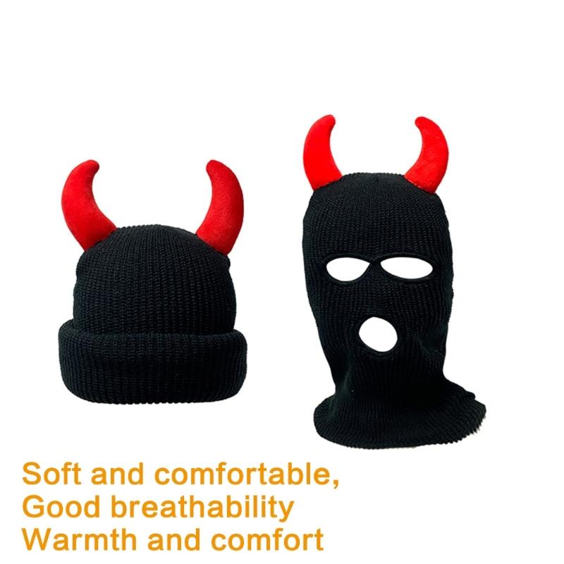Cool Devil Horn Face Cover Hat Knitted Balaclava Caps for Women Men Winter Warm Hat Adult Halloween Costume Roleplay Caps