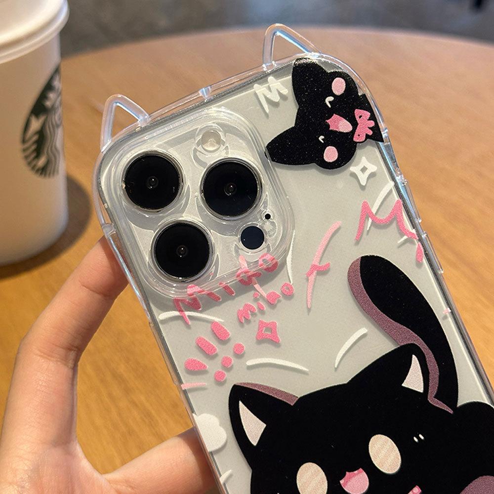Applicable To IPhone16 Transparent Cute Black Cat Mobile Phone Case Apple 13pro Cartoon Kitten Bracelet Protection Case