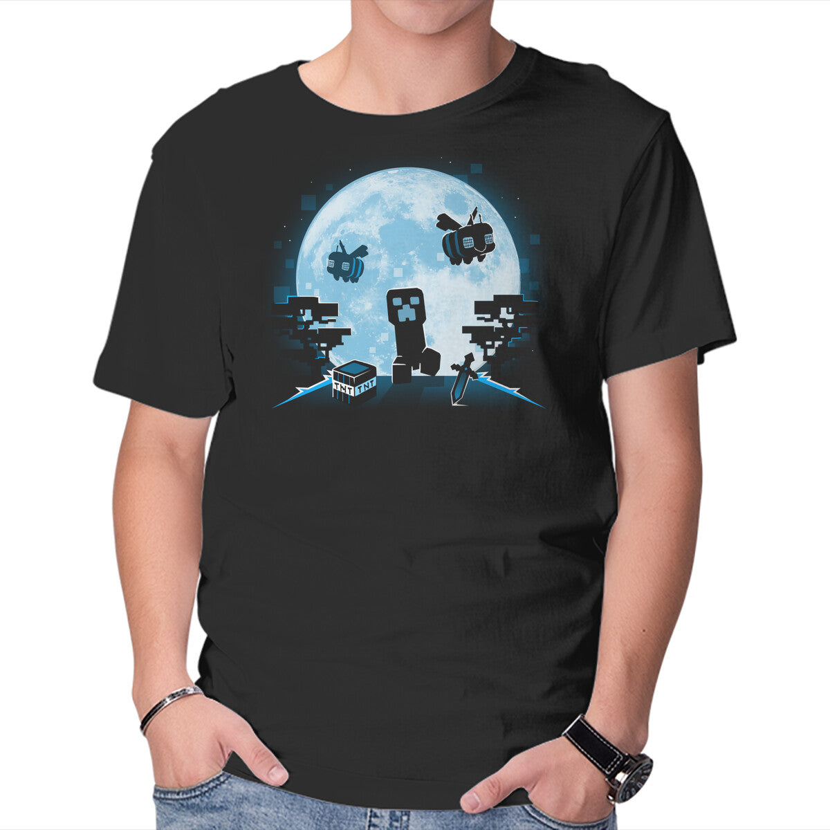 Unisex Crew Neck T-Shirt Pixel Moon Graphic Short Sleeve Casual Tee L