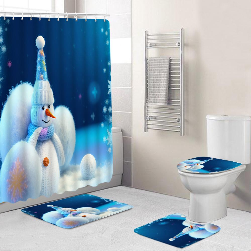 Christmas Toilet Cover Shower Curtain Floor Mat Set Santa Carpet Door Mat Foot Mat Non-Slip Mat