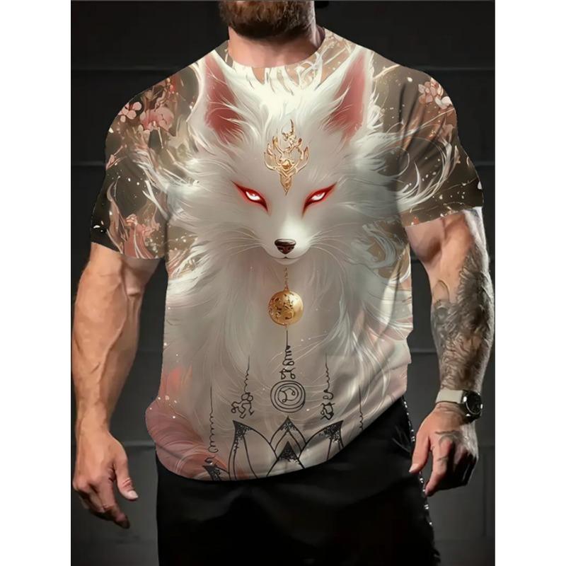 

Men s 3D Fox Print T-Shirt with Red Eyes - Full-Body Fox Graphic, Large Size Summer Casual & Costume Wear, S