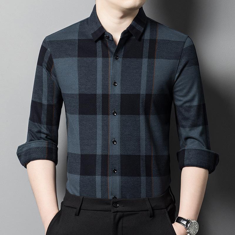 Осенняя мужская шерстяная клетчатая рубашка с длинными рукавами для людей среднего — фото 3
