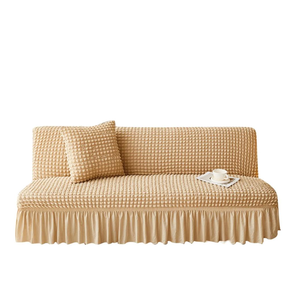 Elastic Solid Color Seersucker Fabric Without Armless Sofa Bed Cover with Skirt Slipcover Fitted Couch Cover Washable Fabric