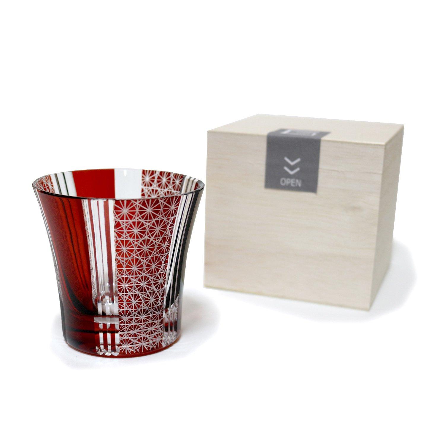 

GREEM MARKET Kiriko Glassware, Crafts, Shochu Glass, with Wooden Box, Product Number: GMS00761 (Red)