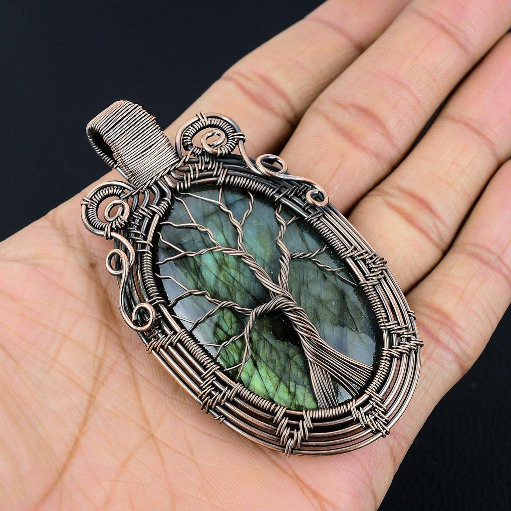 Tree Of Life Labradorite Pendant, Handmade Gemstone  999 Copper Wire Wrapped Pendant Antique Jewelry, For Gift Silver Jewelry