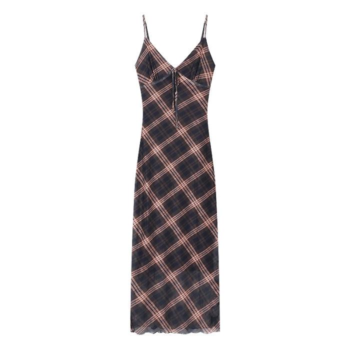 New Design Mesh Dress Women's Summer Spice Girl Waist Retro Plaid Suspender Skirt A-word Long Dress Ins