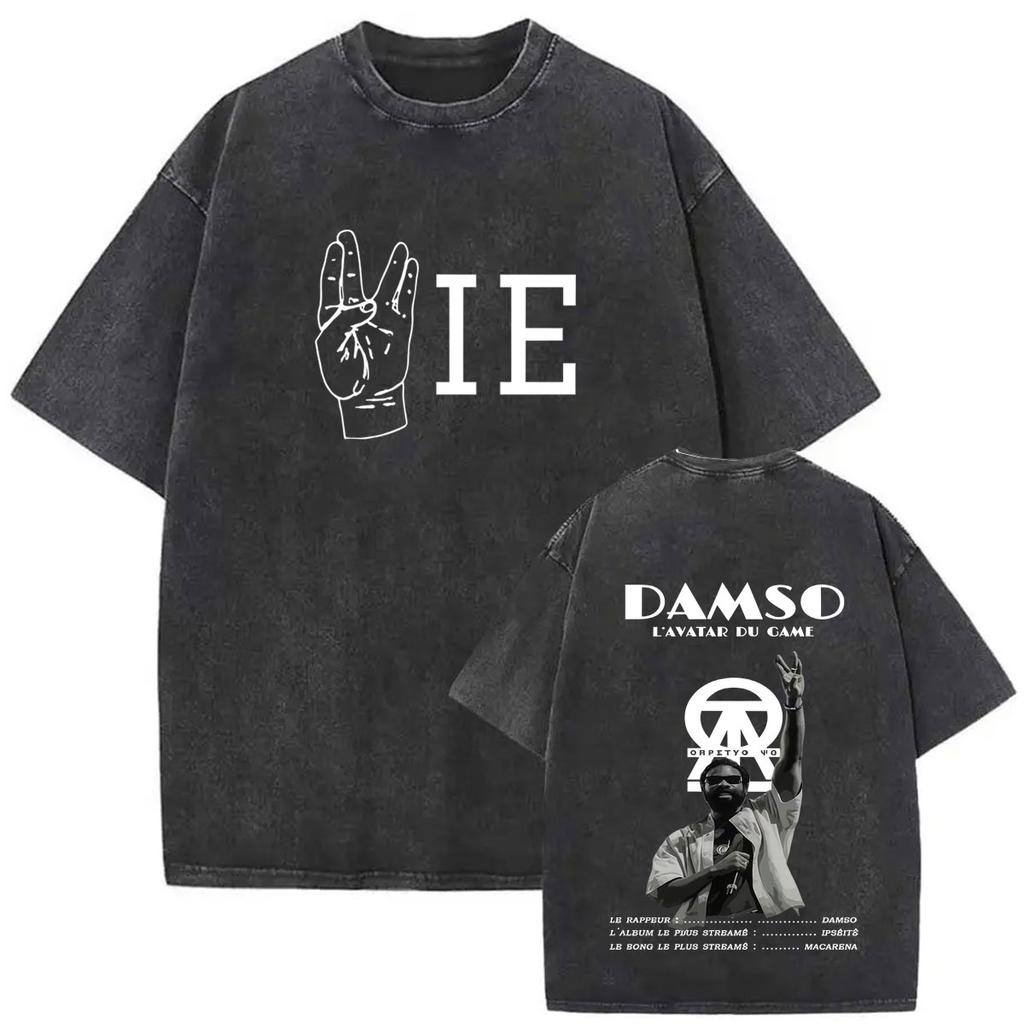 French Rapper Damso High Quality Vintage Washed ONeck Tshrit YK Mens Womens Casual Summer Clothes Oversized Short Sleeve Tees