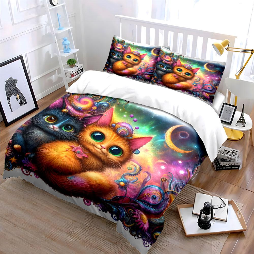 Whimsical Cosmic Kittens' Charm Bedding Sets Duvet Covers Pillowcases(1* Duvet Cover 2* Pillowcases Without Duvet Insert)