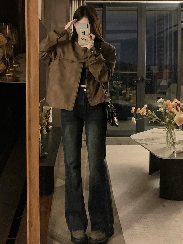 Americká retro hnědá motocyklová kožená bunda Ženy Módní Design Krátká ramenní vycpávka Bunda Grunge Estetický tenký kabát Streetwear