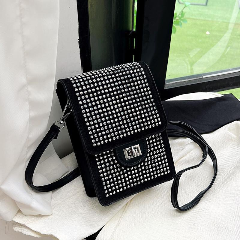 Fashionable 2024 Rhinestone Embellished Velvet Phone Bag Vertical Small Handbag For Women