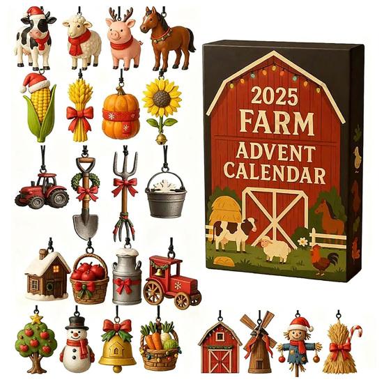 2025 Farm Advent Calendar 24 Days Christmas Countdown with 2D Acrylic Farm Animal Barn Ornaments Xmas Tree Hanging Decoration Set Holiday Gift